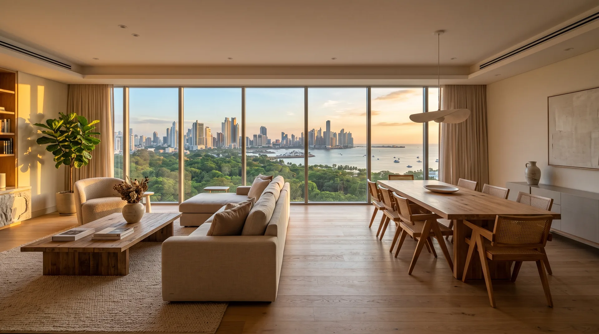 Living room of a demo residence in Mirador del Parque, with the bay at sunset