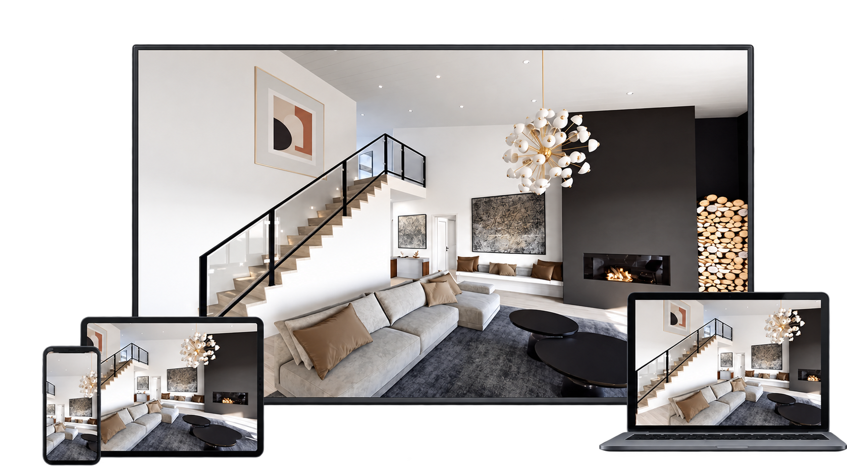 A residence tour shown on a phone, tablet, laptop and large display